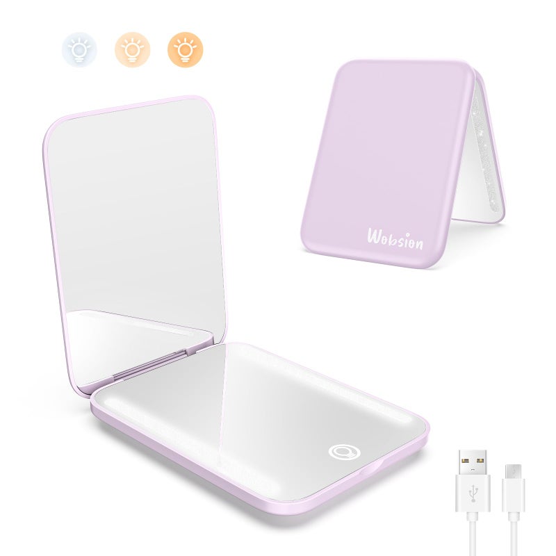 wobsion Rechargeable Travel Mirror 1x/3x Magnification Compact Mirror 3 Color Lights Pocket Mirror Dimmable Portable Makeup Mirror 400mah Small Mirror for Purse Gifts Purple - Image 1